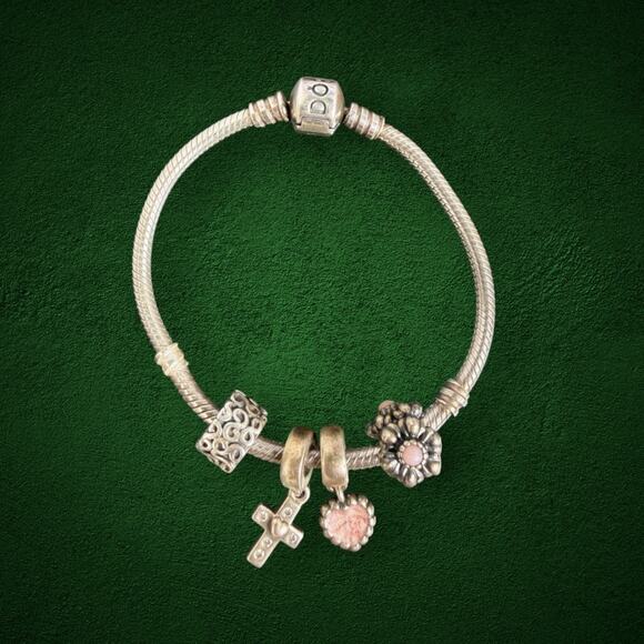 Pandora Jewelry - Pandora 925 ALE Sterling Silver Bracelet 7” with 4 Charms Pink Heart Cross